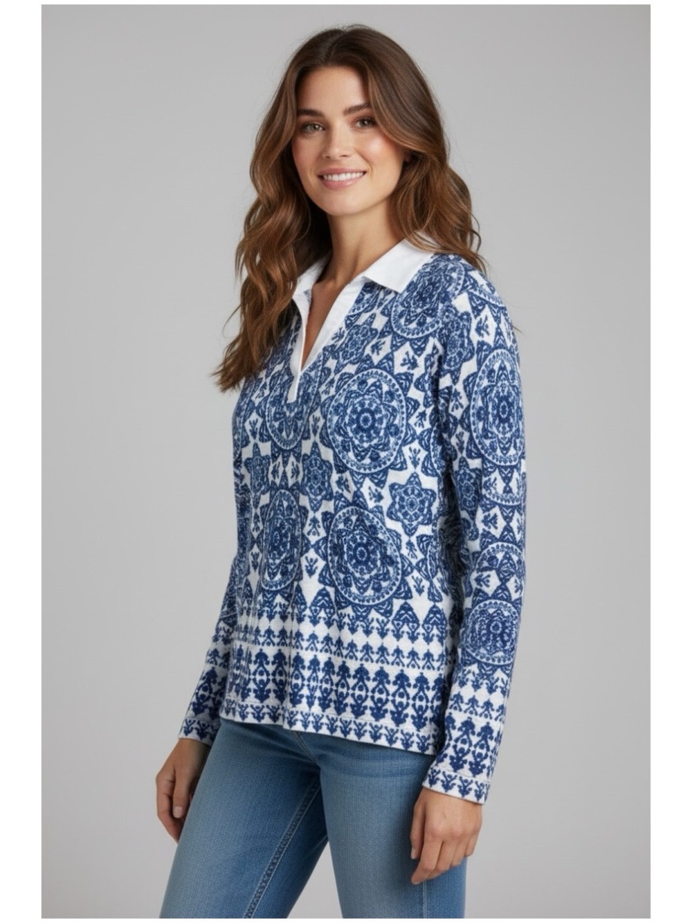 Tyler Boe Women’s Blue White Linen Top Long Sleeve Geometric Print Lightweight